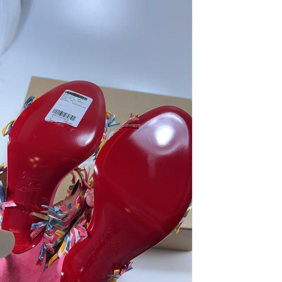 Meroine Pink Rainbow Woven 85mm raffia fringe heels mules D974 - Picture 8 of 11